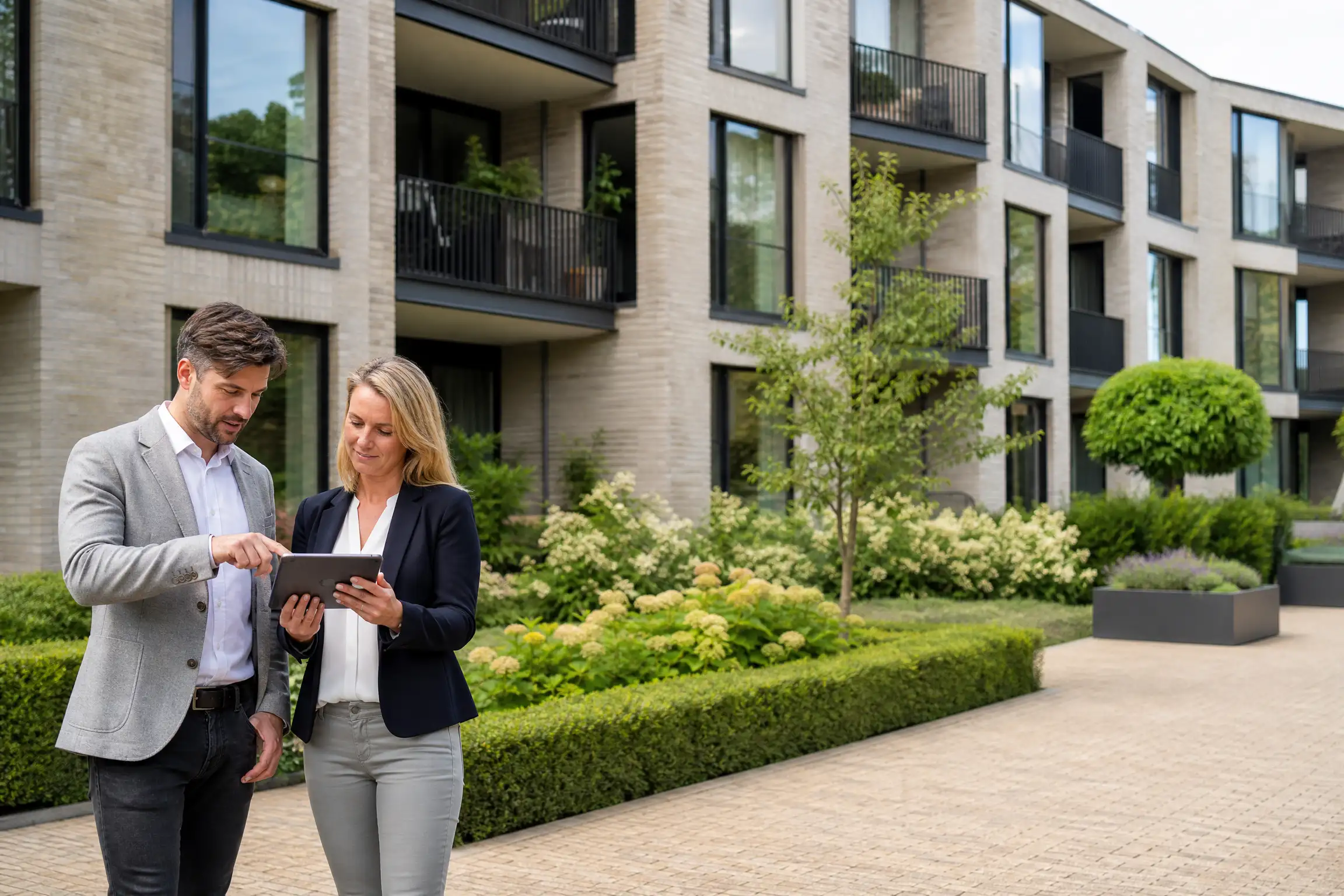 Vastgoedbeheerders overleggen bij een appartementencomplex